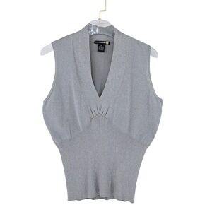 XL Y2K SWEATERWORKS Women's Silver Metallic Glitter V Neck Sleeveless Knit Top